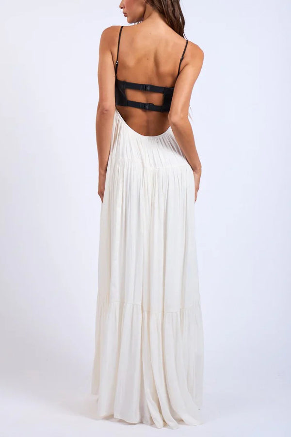 Stylish Leather Patchwork Suspender Casual Vacation Style Maxi Dresses