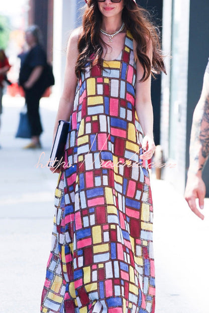 Stylish Color-blocked Plaid Print Sleeveless Round Neck Loose Maxi Dress
