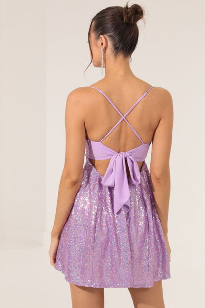 Spaghetti Strap Bow Contrast Chic  Sequin Dress