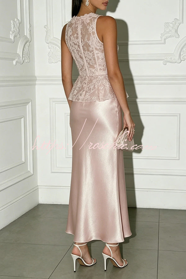 Siena 3D Floral Trim Lace Crew Neck Sleeveless Drape Satin Hem Maxi Dress