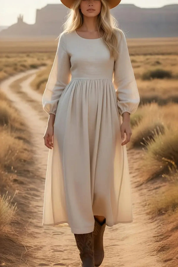 Linen Blend Solid Color Round Neck Long Sleeve Casual Midi Dress