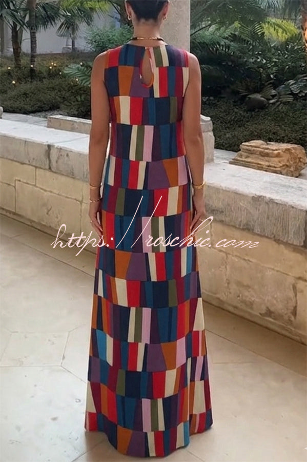 Retro Chic Linen Blend Colorful Color Block Plaid Round Neck Sleeveless Maxi Dress