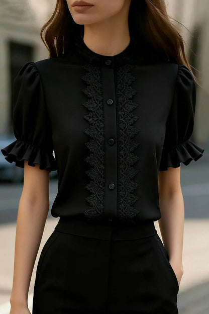 Solid Color Lace Patchwork Stand Collar Puff Sleeve Casual Shirt