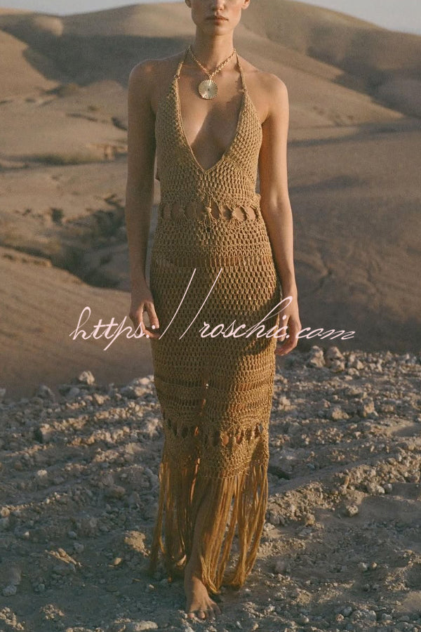 Fashionable Open-knit Backless Elegant Tassel Hem Vacation Cover-up Maxi Dress