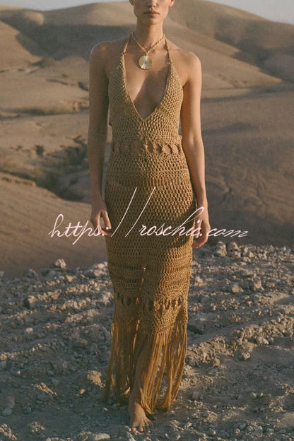 Fashionable Open-knit Backless Elegant Tassel Hem Vacation Cover-up Maxi Dress
