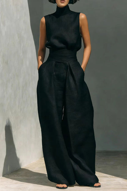 Linen Blend Solid Color Turtleneck Sleeveless Top and Casual High-waisted Elastic Waist Pocket Wide-leg Pants Set