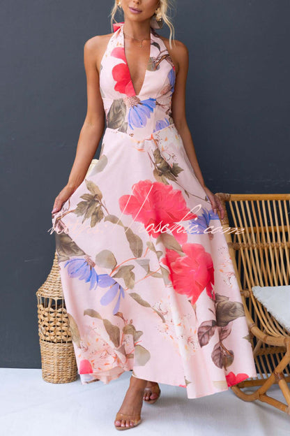 Floral Print V-neck Backless Tie-up Fitted Waist Elegant Maxi Dress