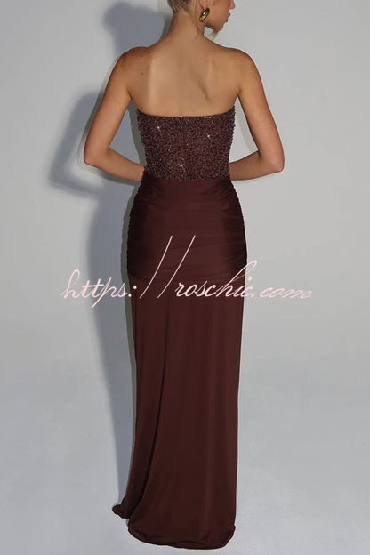 Carina Sequined and Satin Jersey Off Shoulder Ruched Knot Drape Maxi Dress