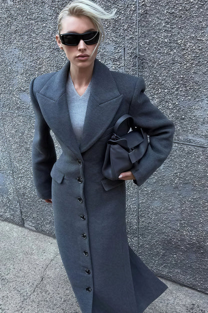 Abrigo largo elegante de mezcla de lana con solapa y talle alto