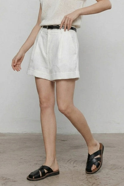 White Linen Cuffed Loose Fit Shorts Pants