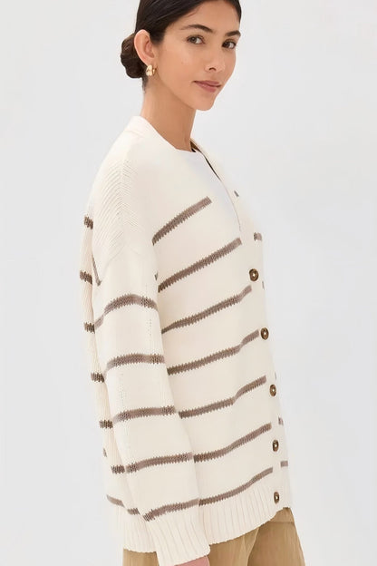 Flattering Striped V Neck Relaxed Knit Cardigan