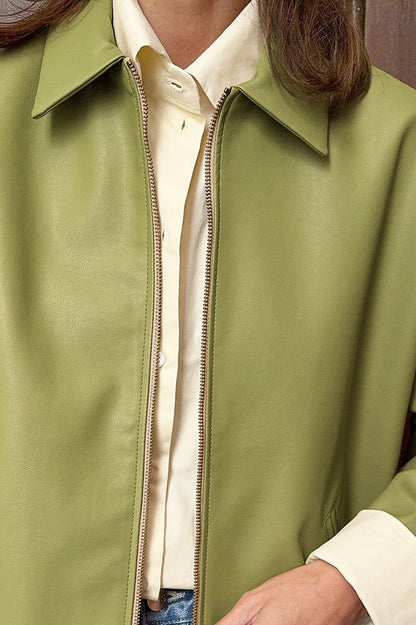 Loose Fit Green Leather Pilot Jacket
