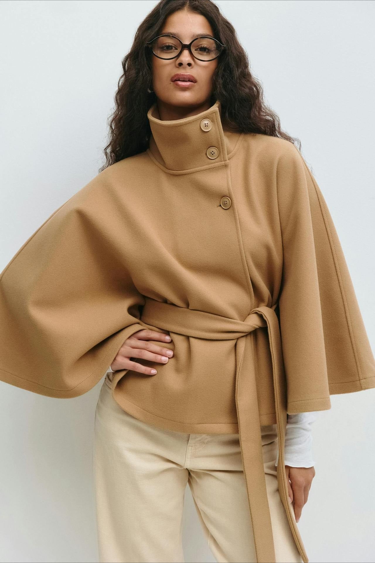 High Neck Button Detail Batwing Sleeve Coat