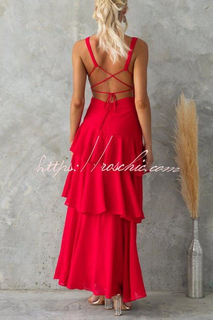 Solid Color V-neck Sleeveless Elegant Layered Maxi Dress