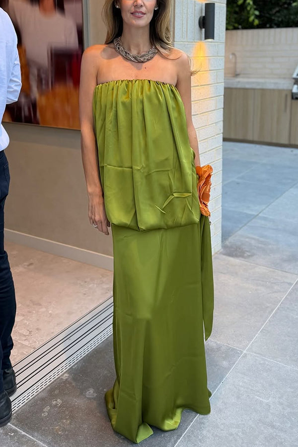 Simple Elegant Satin Voluminous Floral Detail Strapless Top and Elastic Waist Drape Maxi Skirt Set