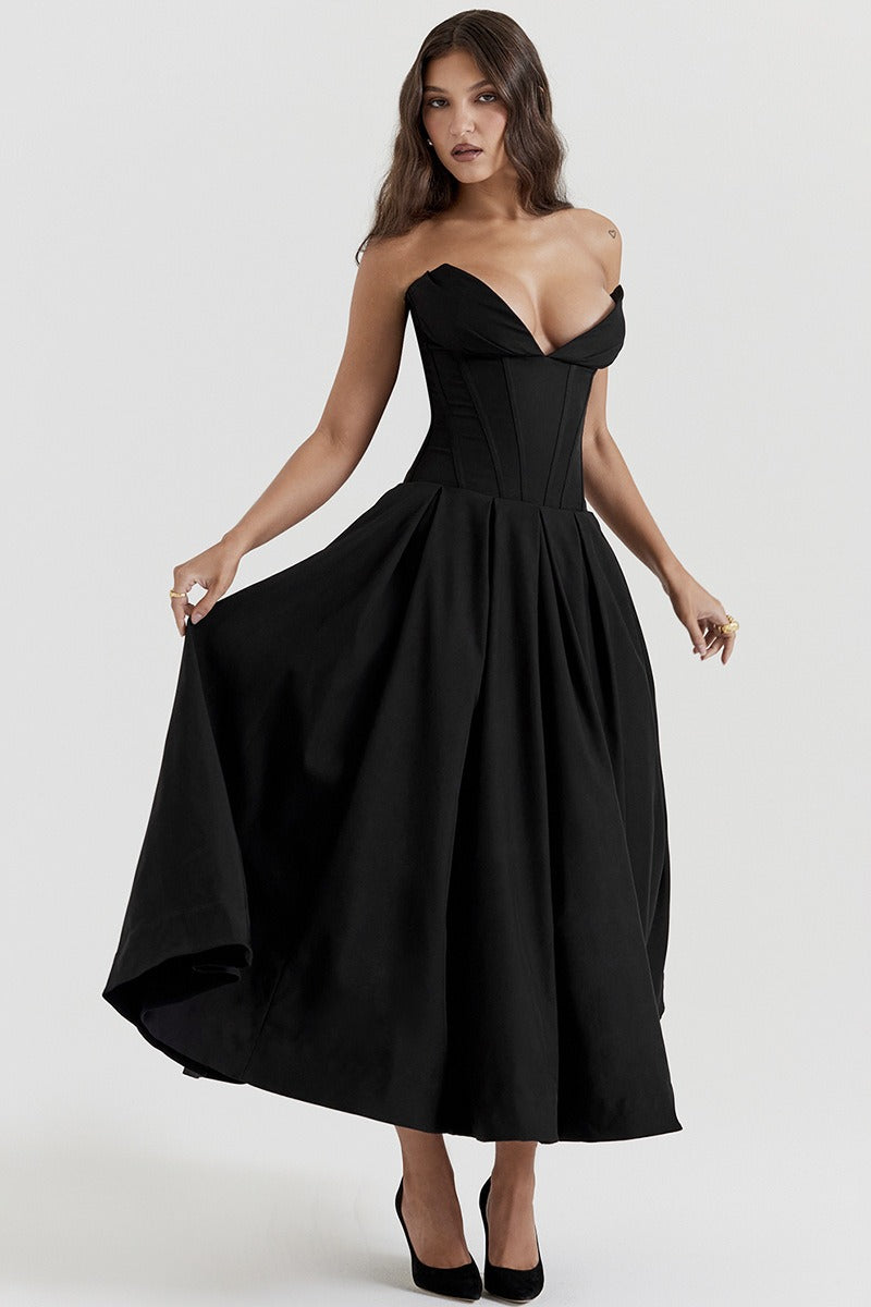 Vestido de fiesta con corsé sin tirantes y corte A