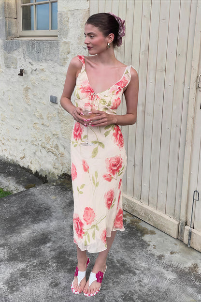 Vestido midi con cuello en V de malla y estampado floral