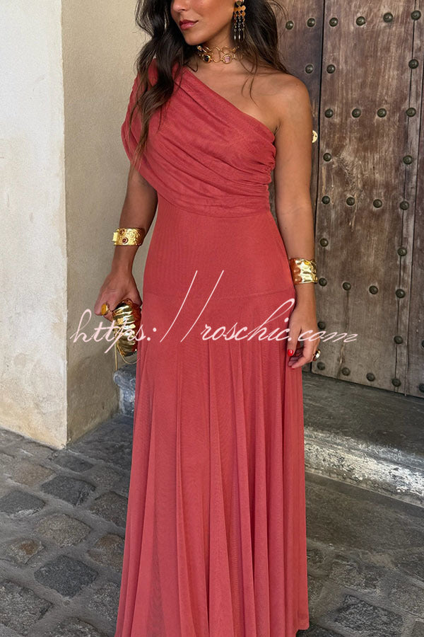 In My Arms Mesh Ruched Strapless Paneled Drape Flare Maxi Dress