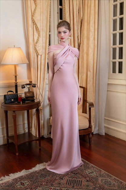 Elegant Satin Slant Neck Sheath Formal Dress