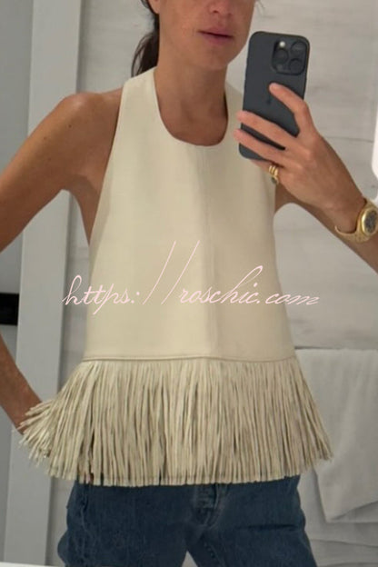 Stylish Halter Neck Sleeveless Leather Tassel Loose Top
