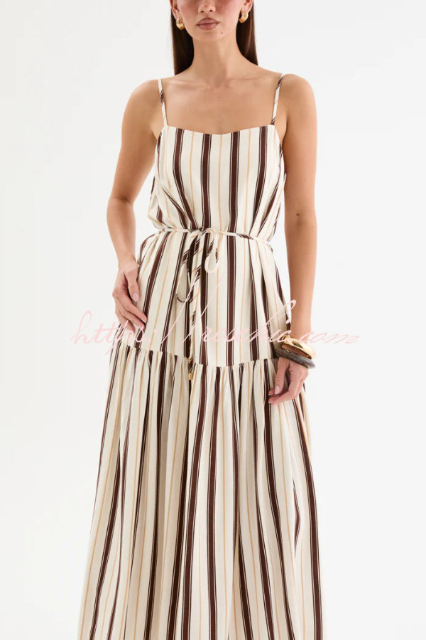 Striped Printed Spaghetti Strap Sleeveless Tie-up Casual Vacation Maxi Dress