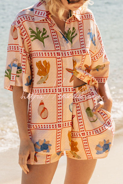 Linen Blend Shell Print Loose Short-sleeved Shirt and Elastic Waist Pocket Casual Shorts Set