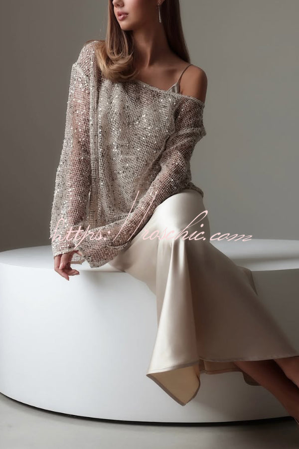 Fashionable Sequined Cutout Casual Long-sleeved Loose Cover-up Top