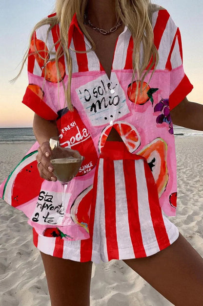 Fruit Print Loose Button Elastic Waist Shorts Set