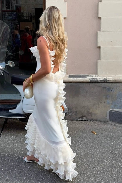Ruffled Backless Spaghetti Strap Formal Dress