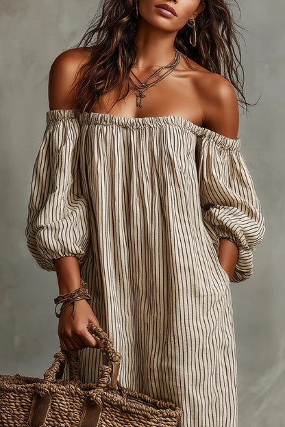 Linen Blend Striped Print Loose Off-shoulder Casual Maxi Dress