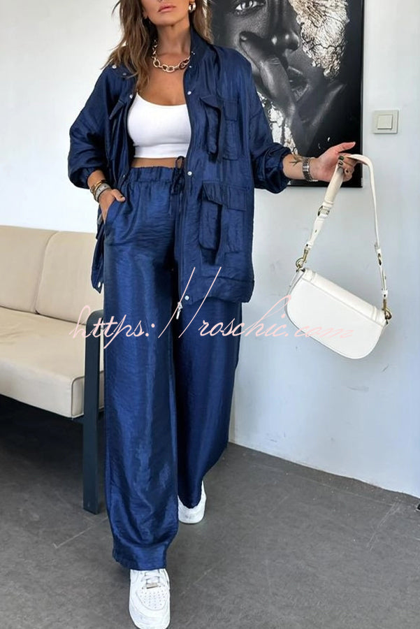 Easy on Me Metallic Fabric Elastic Waist Pocketed Wide Leg Pants (Shipped Within 24 Hours)