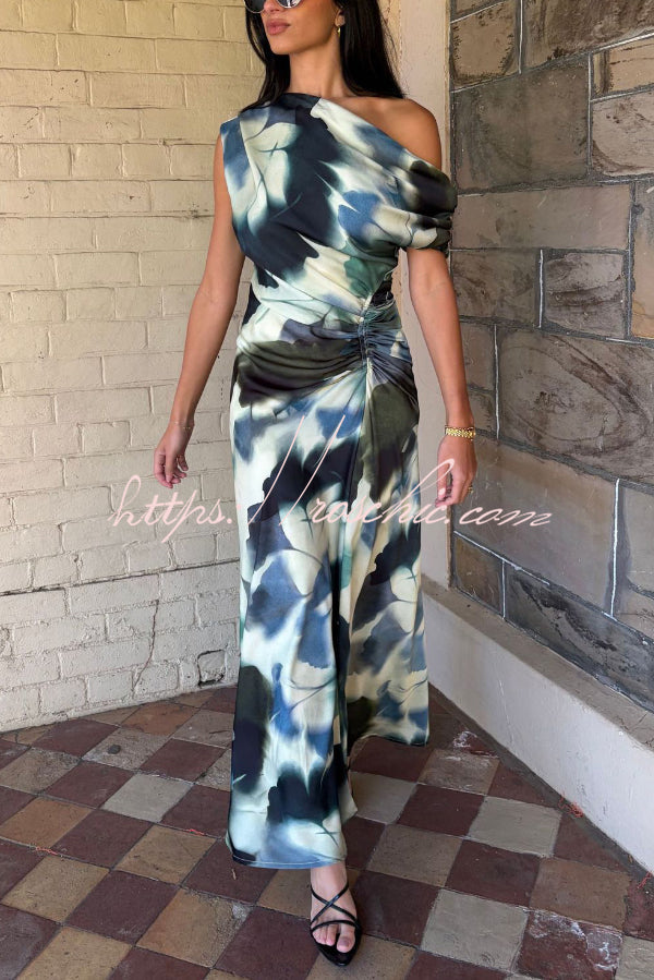 Unique Print Asymmetrical Off-Shoulder Pleated Waist Casual Maxi Dress
