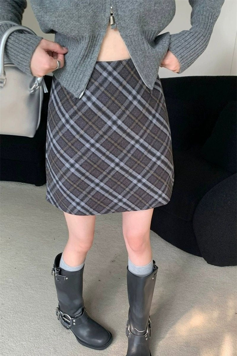 Falda Corta Ajustada de Talle Alto Vintage de Tweed a Cuadros