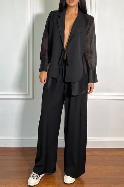 Mesh Tie Waist Wide Leg Pants Blazer
