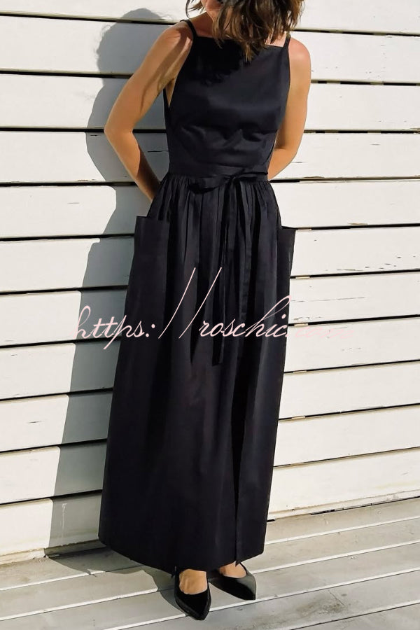 Solid Color Sleeveless Side Slit Tie-up Casual Vacation Pocket Maxi Dress