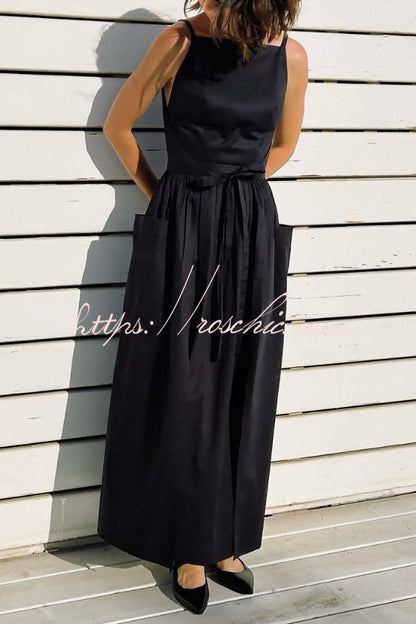 Solid Color Sleeveless Side Slit Tie-up Casual Vacation Pocket Maxi Dress