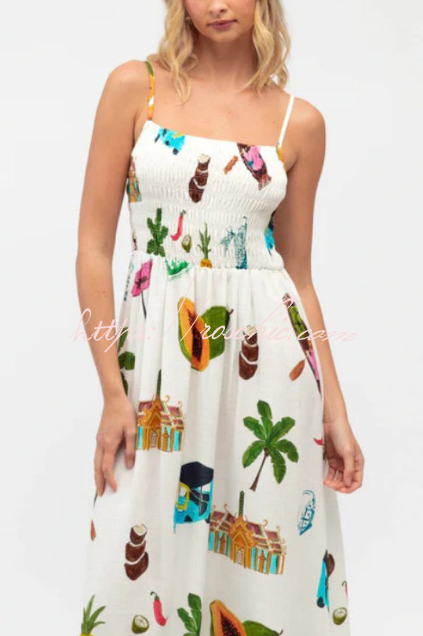 Summer Printed Square Neck Spaghetti Strap Pleated Waist Casual Maxi Dress