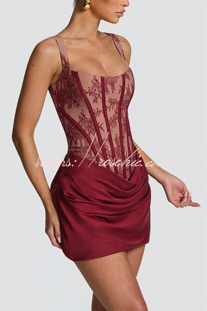 Cornelia Floral Lace Contrast Structural Detail Back Lace-up Satin Hem Mini Dress