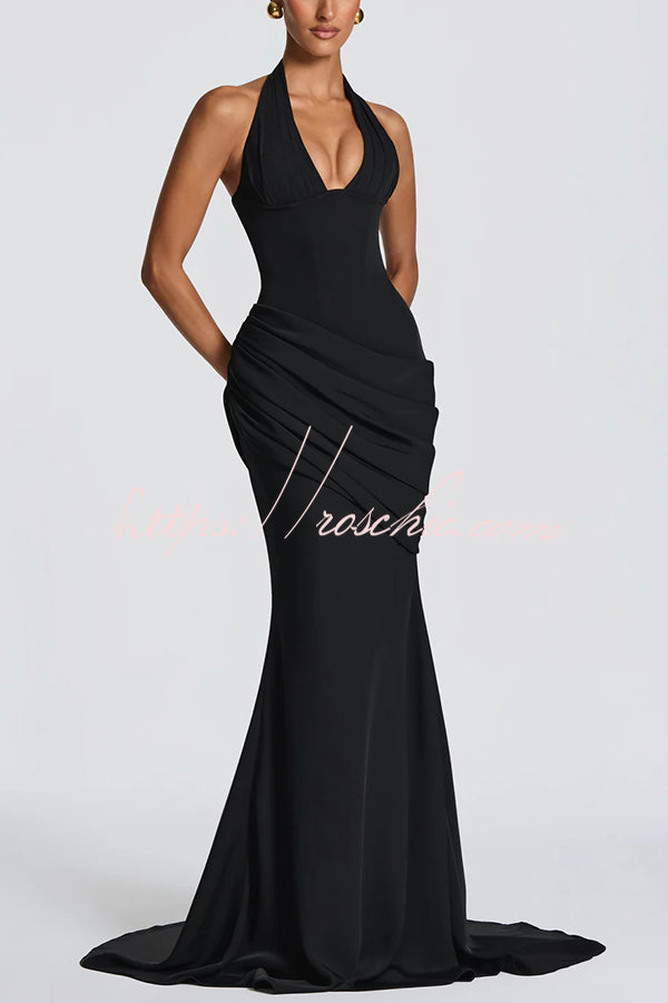 Nehemia Halter V-neck Back Lace-up Asymmetric Pleated Panel Drapes Maxi Dress