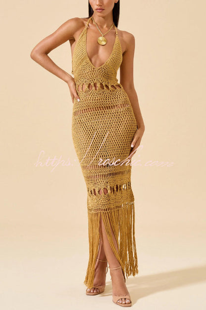 Fashionable Open-knit Backless Elegant Tassel Hem Vacation Cover-up Maxi Dress