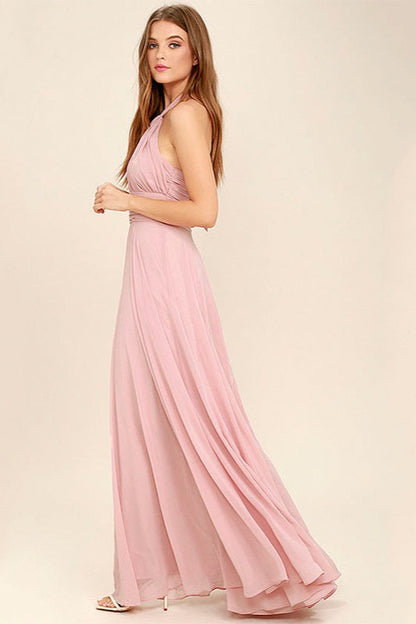 Vestido de noche formal de gasa fruncido con cuello halter