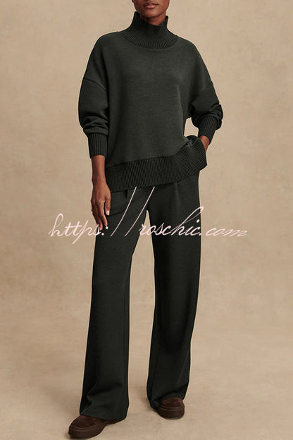 Barker High-Neck Long Sleeve Side Zipper Sweatshirt and Elastic Waist Pocketed Loose Pants Set (Shipped Within 24 Hours)