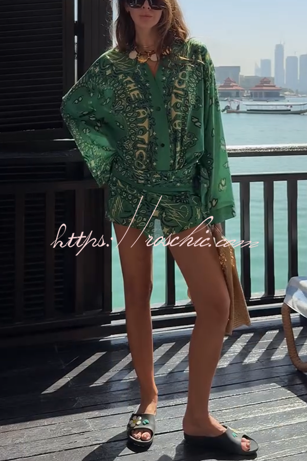 Sulena Linen Blend Ethnic Print Button Up Long Bell Sleeve Warp Tie-up Mini Dress