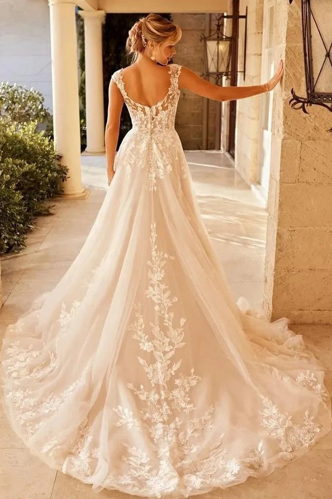 Sheer Mesh Lace Fit Flare Wedding Dress