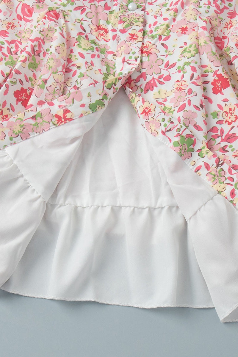 Minivestido con cuello Peter Pan, manga abullonada floral y botones