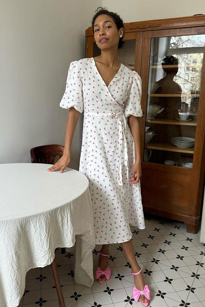 Vestido midi de algodón estampado con mangas abullonadas