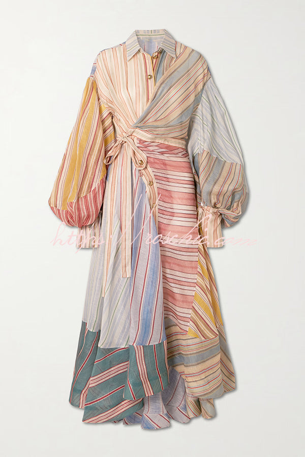 Rainbow Linen Blend Patchwork Striped Button Balloon Sleeve Wrap Shirt Midi Dress