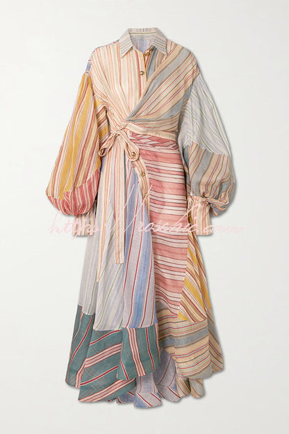 Rainbow Linen Blend Patchwork Striped Button Balloon Sleeve Wrap Shirt Midi Dress