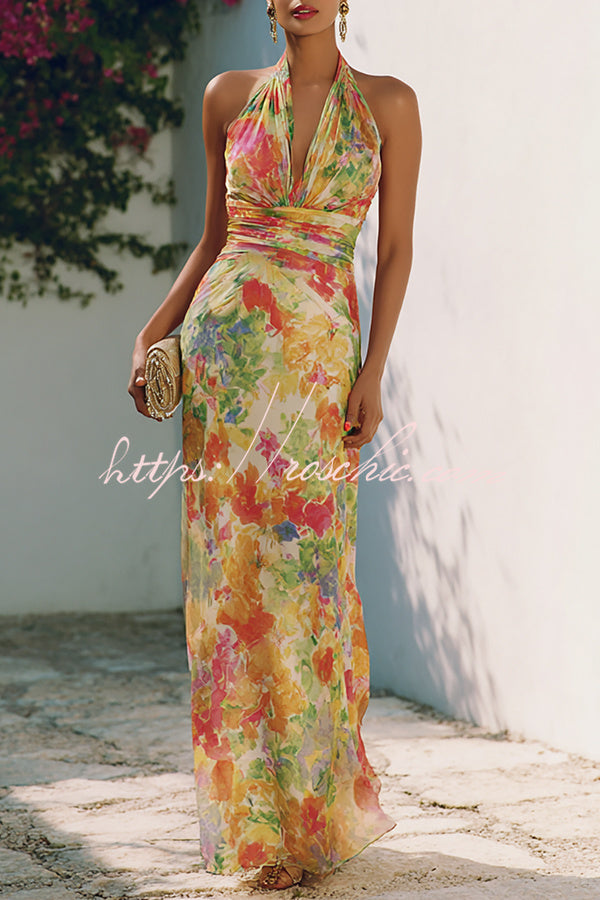 Lauria Chiffon Floral Print Ruched Waist Halter Tie-up Neck Backless Maxi Dress