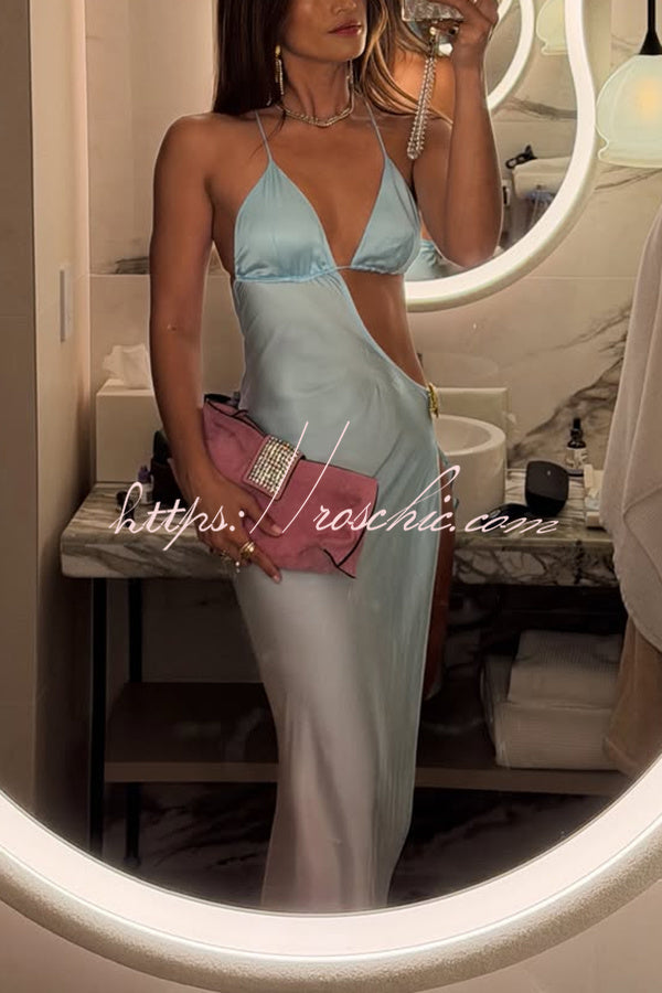 Miami Night Satin Gradient Print Cutout Moonstone Slip Slit Maxi Dress